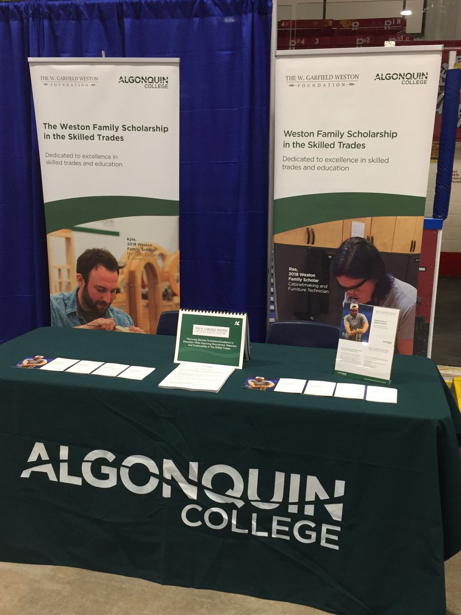 AlgonquinColleg's tweet photo. The Algonquin College Weston Family Scholarship Program is represented at the Options for Skilled Trades Fair today in Pembroke. Stop by to learn more about this scholarship program. #Options2019 #SkilledTrades https://t.co/rVlC4xWQ3d