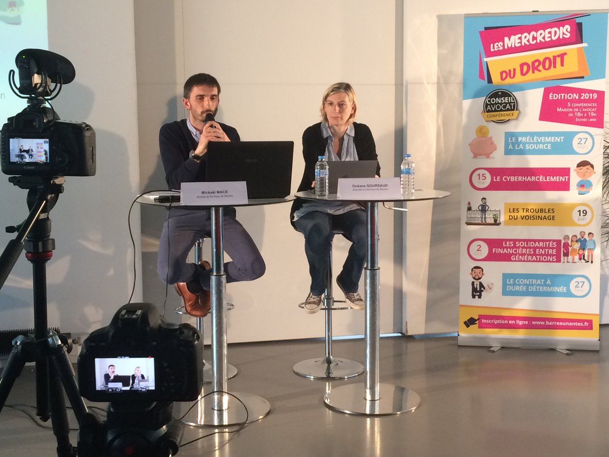 barreaunantes's tweet photo. [DIRECT] #LesMercredisDuDroit c’est maintenant à la maison de l’avocat ! Conférence sur le #CyberHarcèlement présentée par 2 avocats du barreau de #Nantes : Me MACE présente le volet #Numérique et Me GOURSAUD le volet #Pénal https://t.co/YByRKKi72S