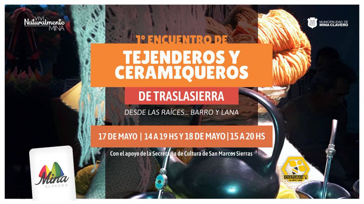 17 y 18 de MAYO | #MinaClavero
1° ENCUENTRO DE TEJENDEROS Y CERAMIQUEROS DE TRASLASIERRA
Poniendo en valor las costumbres y tradiciones ancestrales de nuestro valle.
+ info: bit.ly/2LK2weM
#JovenActivaNatural