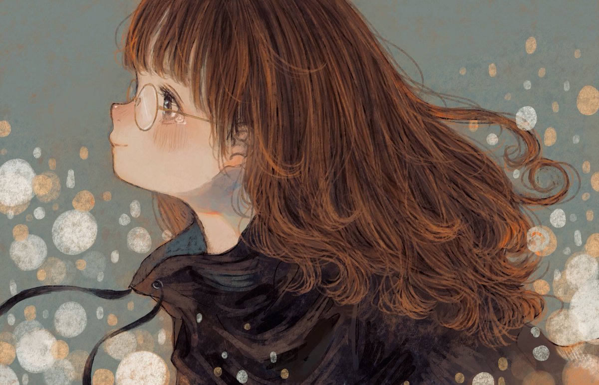 1girl solo glasses brown hair blush long hair profile  illustration images