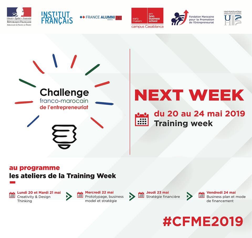 melmahjoubi's tweet photo. @emlyon_casa est fier de porter le #CFME2019, Challenge Franco-Marocain de l’Entrepreneuriat, avec l’ensemble de ses partenaires pour accompagner de jeunes entrepreneurs dans leurs projets. La Training Week démarre lundi sur notre campus sur le thème #Creativity & #DesignThinking https://t.co/axP1MT4dXe