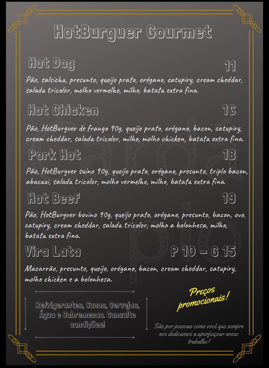 E aí galera, tudo bom? 

Tô passando aqui pra divulgar o cardápio do melhor HOTBURGUER de Belô. 

🍔🌭🐕 

HOTBURGUER⁉⁉

É isso mesmo! Venha conferir esta novidade. Você não pode perder! Faça seu pedido por telefone ou WhatsApp. ☎📱

De quinta à domingo a partir das 19h.