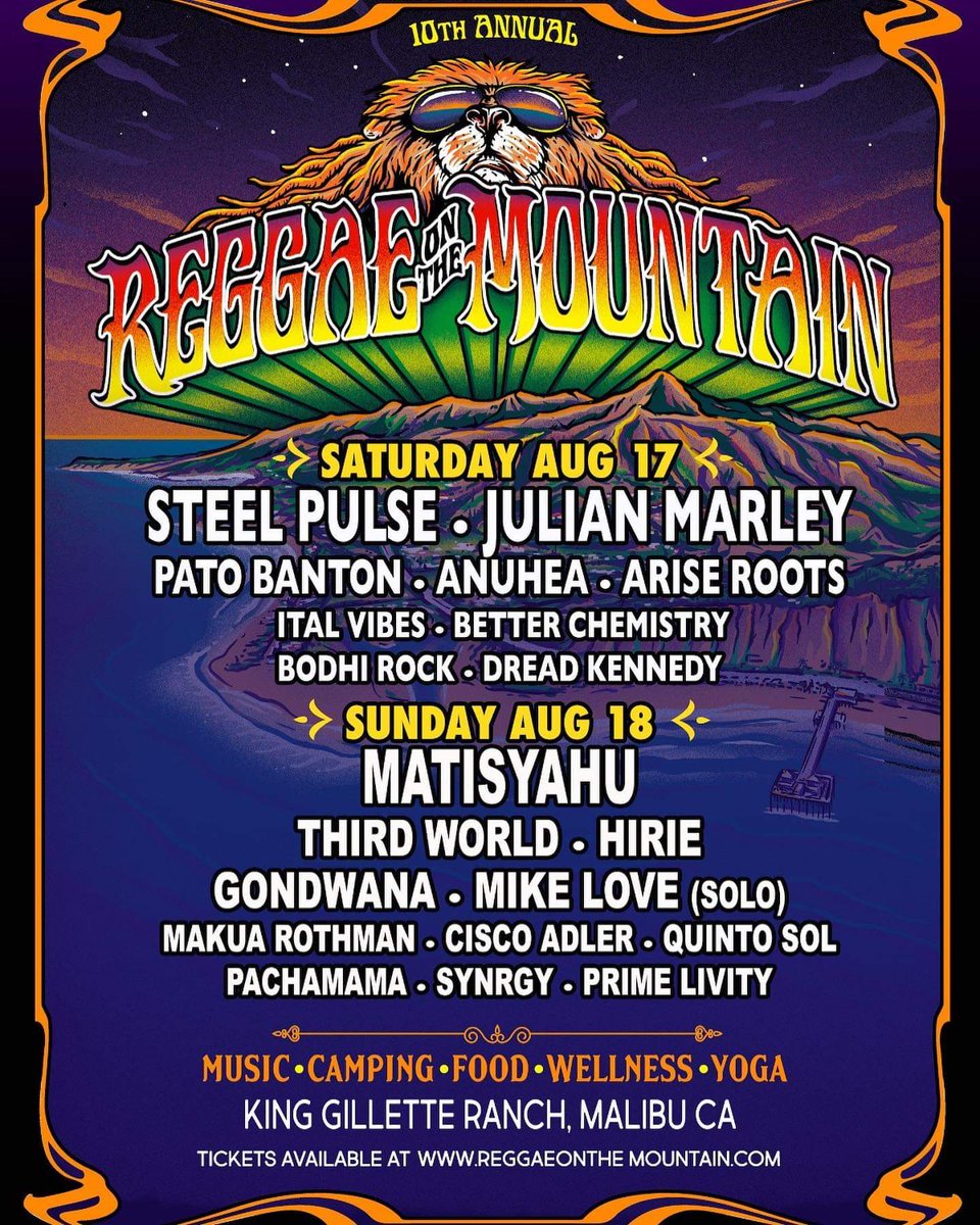 ARISEROOTS's tweet photo. Have you seen the line up for the 10th annual #reggaeonthemountain? Tickets are going fast!
🎟 https://t.co/r7gNn2ZBJu
#ariseroots #reggae #roots #rotm2019 #malibu #steelepulse #julianmarley #losangeles #california https://t.co/55dzYYvPlQ