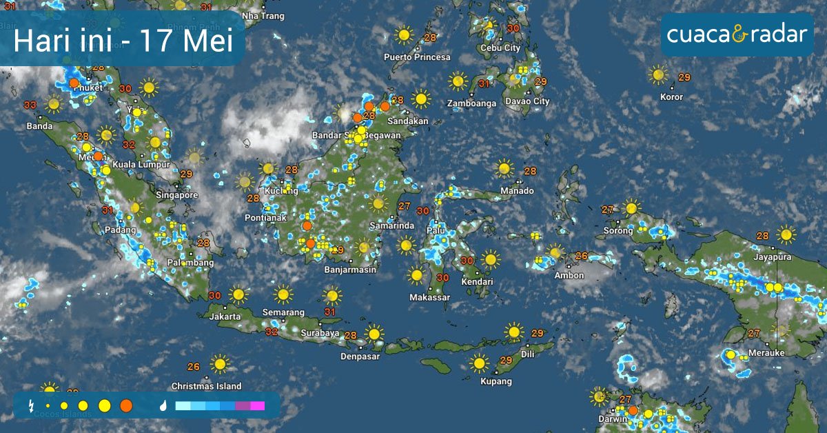 cuacadanradar's tweet photo. #PrakiraanCuaca untuk #Indonesia hari ini: Diprediksi #hujan yang disertai #petir menghampiri banyak tempat di #Sumatra, #Papua, #Maluku, #Sulawesi &amp; #Kalimantan. Di #MalukuUtara, #Jawa, #Bali, #NTB &amp; #NTT diperkirakan dominan berawan namun hujan di beberapa titik. https://t.co/m9yRN7IXX6