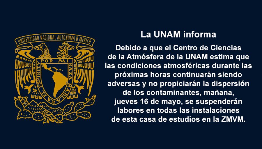 #BoletínUNAM Se suspenden actividades en todas las instalaciones de la UNAM de la ZMVM &gt; bit.ly/2VFvTU9