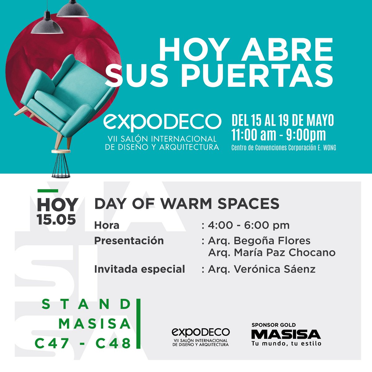 MasisaPe's tweet photo. ¡Llegó el día!
A partir de hoy hasta el domingo 19 abre sus puertas Expodeco, la más grande feria de diseño, decoración, tendencias y mucho más, con lo mejor en un sólo lugar.
¡Los esperamos!
#MasisaContigo https://t.co/YAenyEz5vo