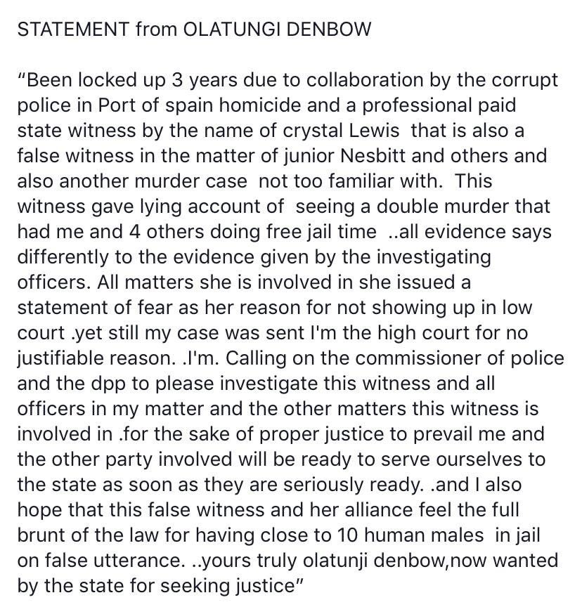 tenilleclarke1's tweet photo. An official statement has been released online by Olatungi Denbow, one of the wanted prisoners who escaped from Golden Grove Prison on Wednesday. 

I thought I’d seen everything in #PublicRelations, but a press release from a prisoner on the run from police... is new heights. https://t.co/aV4yMKUJnc
