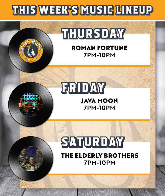 BoneHookBrewing's tweet photo. Check out this week's live music line up featuring Roman Fortune, Java Moon, and The Elderly Brothers!
#BoneHookBrewing #LookForTheHook #NaplesFL https://t.co/03rZAGj9EP