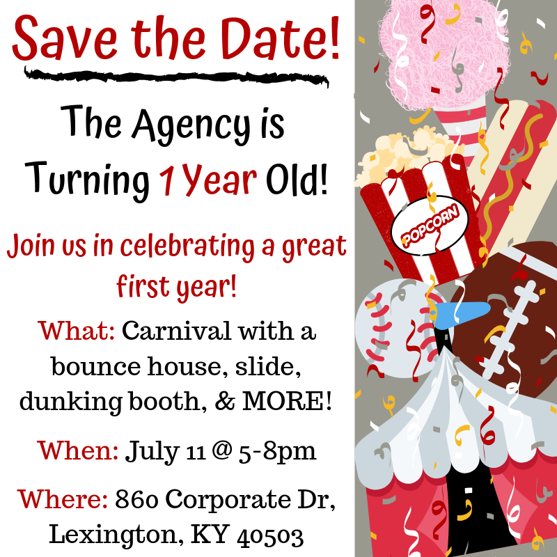 TheAgencyLex's tweet photo. **SAVE THE DATE** 
On July 11th, The Agency is turning 1 yr old! We can't believe that a year has flown by! 
We're celebrating with a giant carnival! We're inviting our friends &amp; clients to join in the celebrations!
Make plans to join us July 11th 5-8pm! https://t.co/cu34Vy8M13
