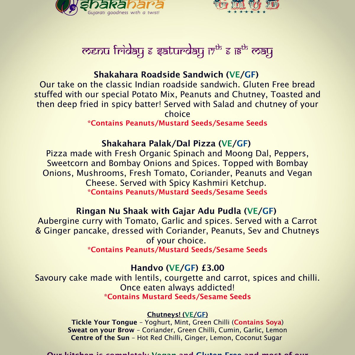 Shakahara1's tweet photo. Menu for this weekend at @GRUBMCR @MayfieldMCR #GujaratiGoodness #coeliacawarenessweek #CoeliacUKAwarenessWeek #vegan  #glutenfreevegan #Manchester #spicy https://t.co/wEB3HbgZSf