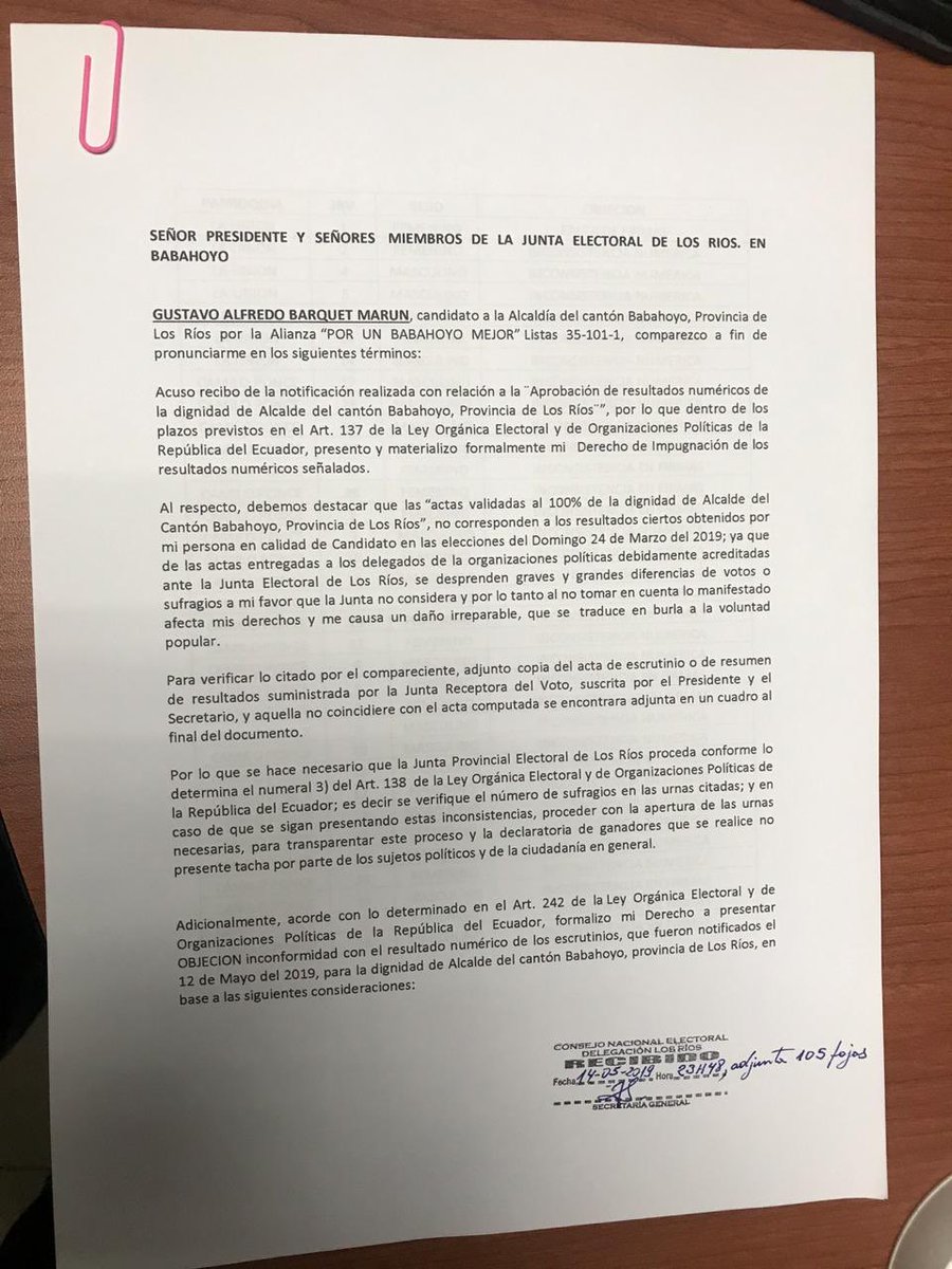 BarquetEc's tweet photo. Hago pública la presentación de Impugnación ante el @CNE_LosRios sobre los resultados numéricos para la dignidad de alcalde de la ciudad de #Babahoyo, la lucha continúa, no nos aferramos a nada pero si querían ganar tenían que hacerlo con el voto ciudadano. 

#NoAlFraude | https://t.co/kH52hCm5kZ