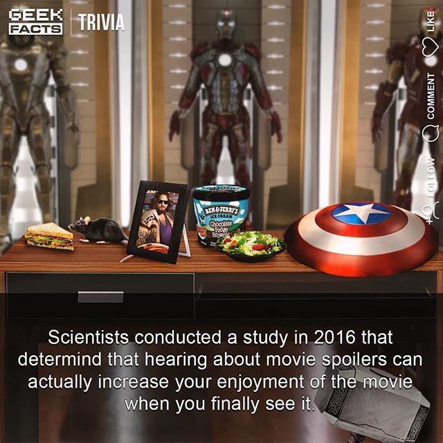 // Reposted from <a href="/geekfacts/">GeekFacts</a> // Well that’s according to research by UC San Diego psychology professor Nicholas Christenfeld. What do you deem a spoiler? When I informed my followers there were no post credit scenes attached to Endgame some people lost their minds. I deem a s…