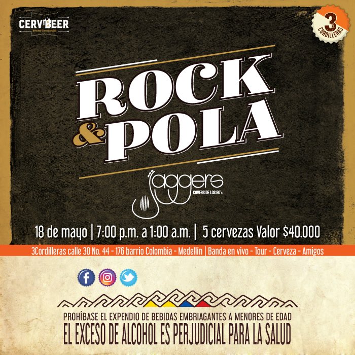 3Cordilleras_'s tweet photo. ¡Este sábado vuelve el festival Rock y Pola a #3Cordilleras!
Una noche para vivir lo mejor del rock con los #Jaggers, además juegos cerveceros y mucho más.

Nos vemos desde las 7:00 p.m. Valor $40.000. Incluye 5 cervezas.
⁦@CervBeerEventos⁩

¡Salud! https://t.co/SD0ikufPNb