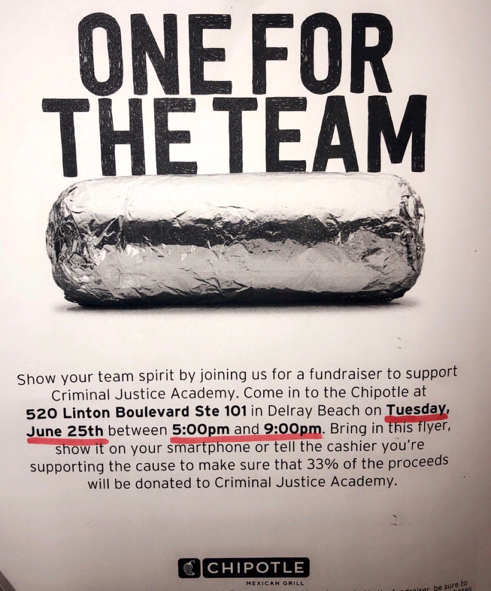 Come out and Support the Criminal Justice Academy @ Chipotle on Linton Tuesday June 25th from 5pm-9pm