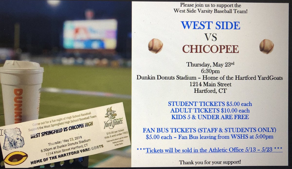 WSPS_WSHS's tweet photo. @wshsterriers versus Chicopee in Hartford at the home of the Yard Goats, 5/23 at 6:30. Let’s go West Side!! https://t.co/znIKRjQ31E