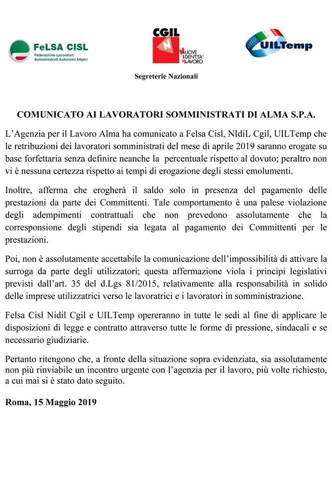 NIdiLCGIL's tweet photo. 🔥🔥🔥 Emergenza per lavoratori somministrati #AlmaSpa. 

#NIdiLCgil @FelsaCisl e @UilTemp: urgente un incontro con l’Agenzia per il lavoro, ma pronte alla mobilitazione per far rispettare disposizioni di legge e contratto. https://t.co/UF6j4HQX5k