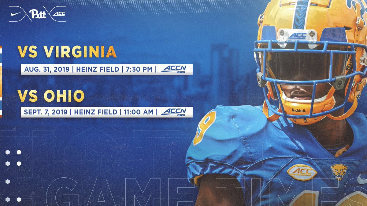 Pitt_FB's tweet photo. The ACC has announced kickoff times and broadcast information for Pitt’s first two games of 2019.

Pitt 🆚 Virginia 
🗓 Aug. 31, 2019
⏰ 7:30 PM
📺 ACC Network

Pitt 🆚 Ohio
🗓 Sept. 7, 2019
⏰ 11:00 AM
📺 ACC Network

#H2P https://t.co/qAvIlKutA9