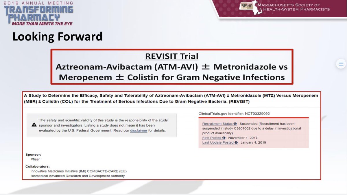 jeffpears0n's tweet photo. But rather than using the inelegant double beta-lactam therapy, will aztreonam/avi ever make it to market? REVISIT trial is currently suspended due to lack of product availability https://t.co/Gg3DfxjqXp @RachelBPharmD @MAPharmacists #MASHP19 https://t.co/soaTEBThmo