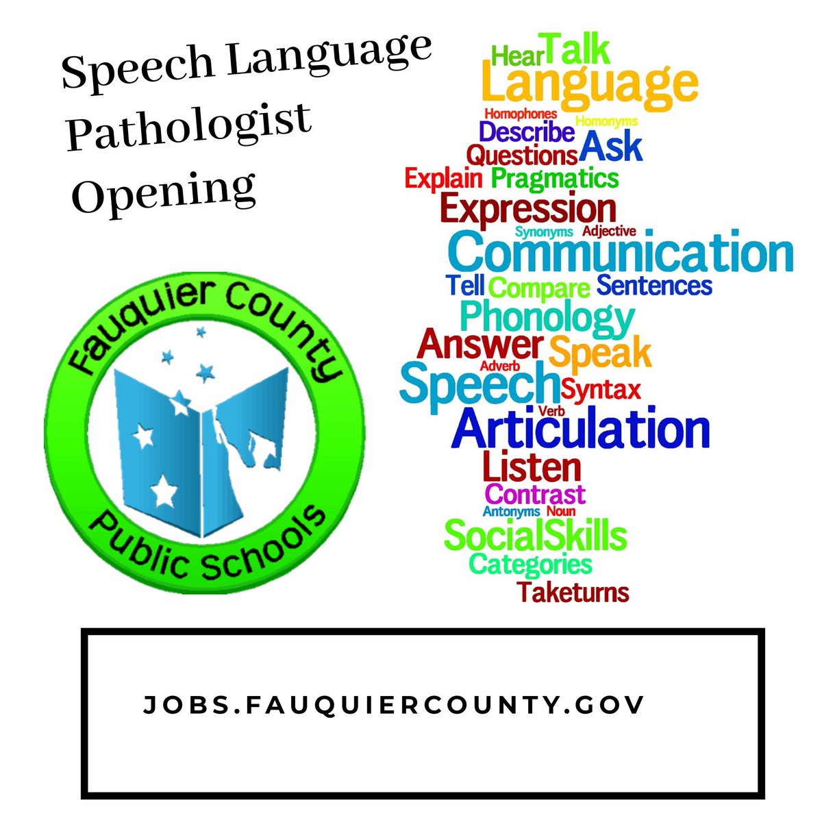FCPS1jobs's tweet photo. We are hiring a Speech Language Pathologist. Apply today! https://t.co/DwyG9r2mQc
#Fcps1KIdsDeserveIt 
#joinourfcps1family 
#speechlanguagepathologist https://t.co/j9MoWUMPjK