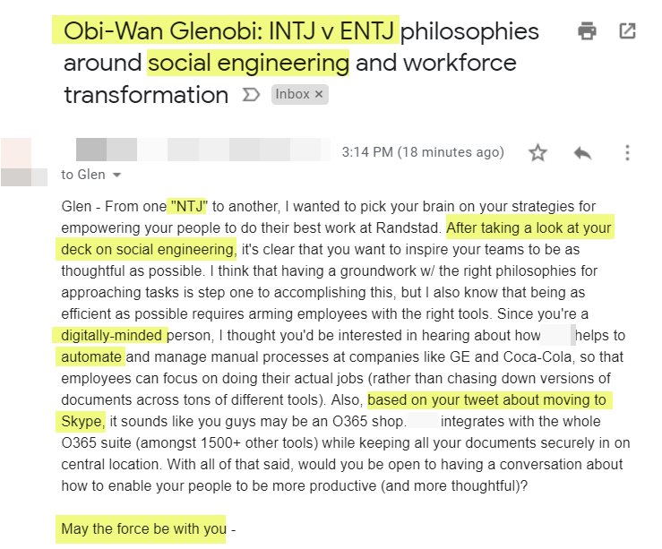 GlenCathey's tweet photo. Probably the best effort I've seen from a salesperson trying to personalize an email to me (highlighting is from me) https://t.co/IRVsirO3NA