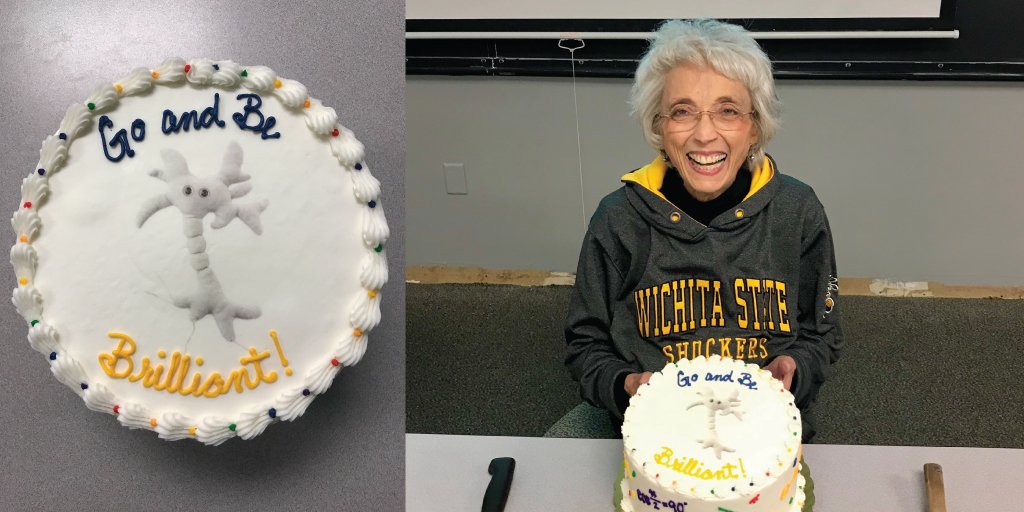 WichitaState's tweet photo. Professor Sandra Peer's trigonometry class surprised her last week with a cake decorated with class jokes and math equations to celebrate her last day at WSU before she retires to spend time with family and grandchildren. We wish you all the best, Sandra! #ShockersForever https://t.co/Y2tFoKosbW