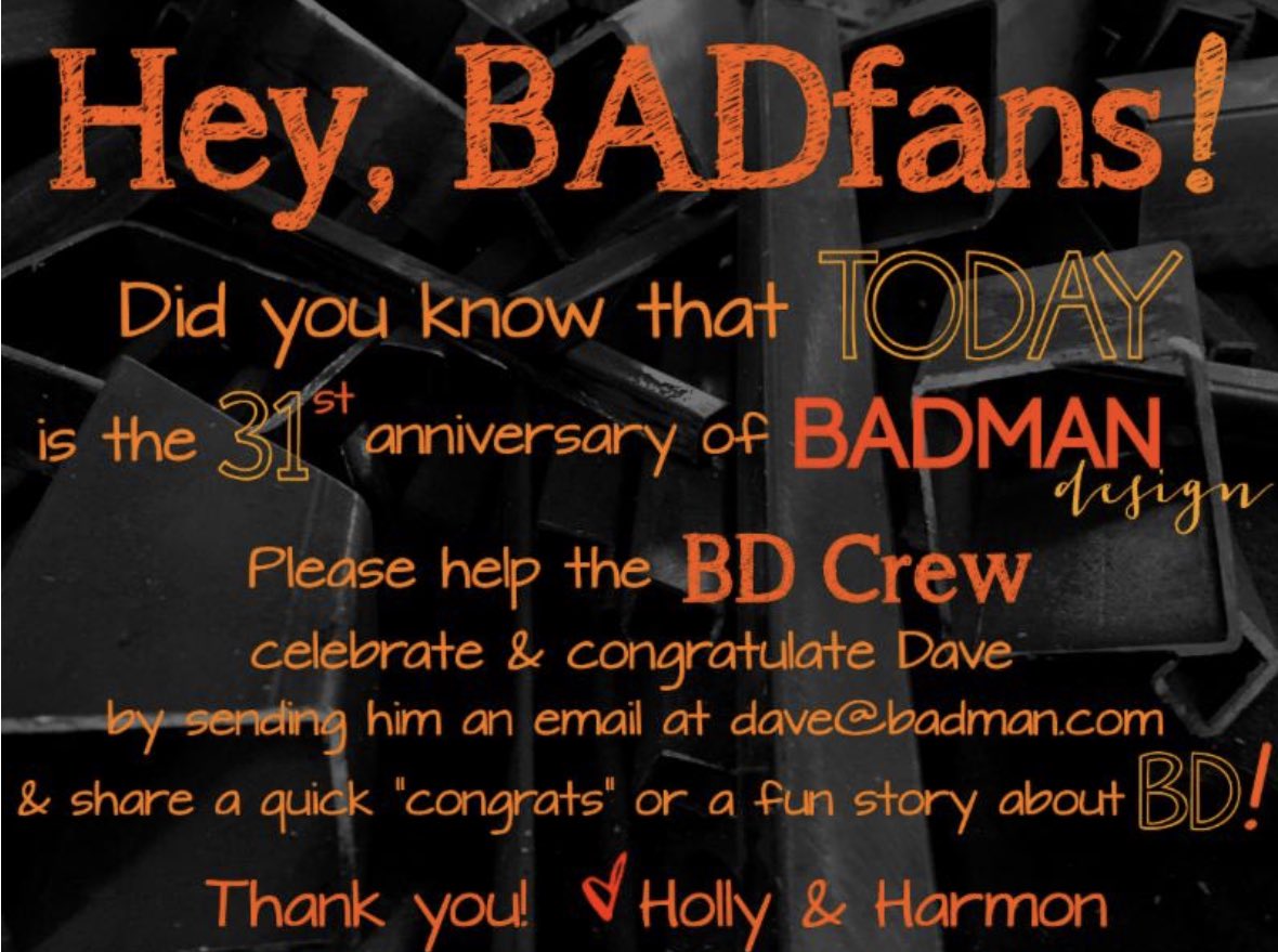 Badman_Design's tweet photo. TODAY is a BIG day at BD!🎉 Please help us celebrate by emailing @badmandesigner to wish him congrats! Thank you for 31 years of support! #BADfans #31years #anniversary #badmandesign #downtown #grandforks #northdakota #30yearsofBD #GFisCooler #downtowniscooler #gograndgodowntown https://t.co/s2qviakAMJ