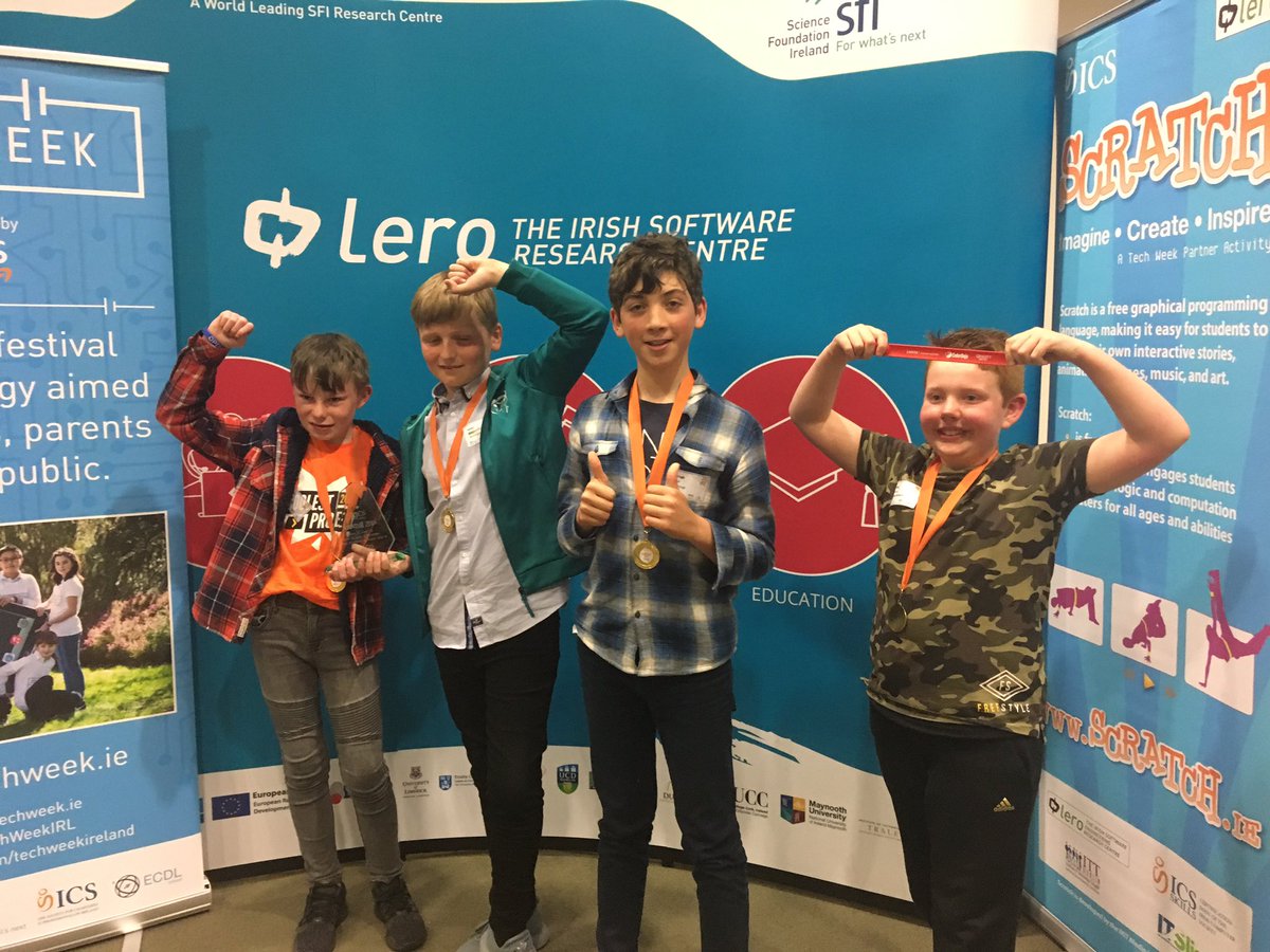 CoderDojoClon's tweet image. Well done to Archie, Darragh and massive congrats to Conor and James - winners of 5th/6th After School Category at National Scratch Final today @scratch_ie @TechWeekIRL @margiekd #proudaspunch