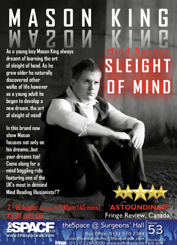MKMindReader's tweet photo. Can’t wait to bring this brand new show to @theSpaceUK @EdFringe this summer! #EdFringe #EdFringe2019 #EdinburghFringeFestival #EdinburghFestivalFringe #FringeReview #EdinburghFringe #EdinburghFestival #Edinburgh #SleightOfMind #MindReader #Mentalist #Mentalism #Magic #Magician https://t.co/OgjJe9A8W1