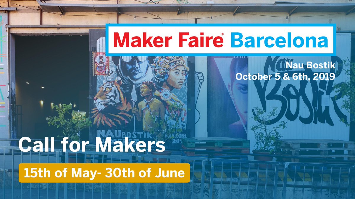 MakerfaireBCN's tweet photo. Super happy to annouce that our Call for #Makers is now open!

Makers, engineers, artists, creative coders, craftsman, scientists... you are all invited to join Maker Faire Barcelona 2019! 
✍️https://t.co/io4ATeGy4l

🤖
#MarkerFaireBCN19 
🗓️5-6/10
📍@Naubostik
#SAVETHEDATE https://t.co/6aXmzw7VJY