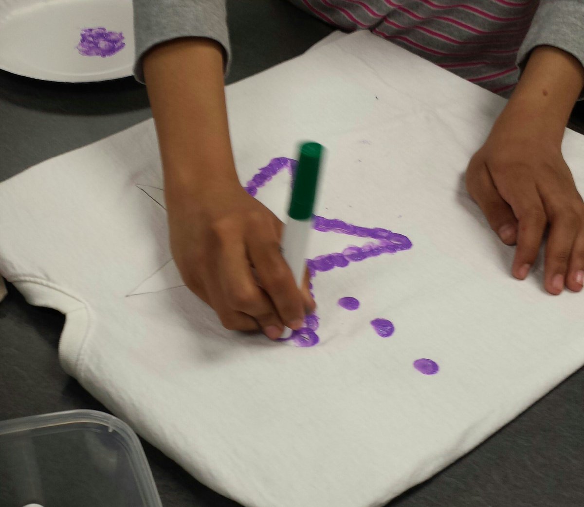 hmslibrarysd's tweet photo. HMS Makerspace Today: Stamping leftover paint with the end of a marker + a freezer paper pattern ironed on a T-shirt. See the results tomorrow! #hmstigers #HuronTigers https://t.co/RopZ0o7cLT