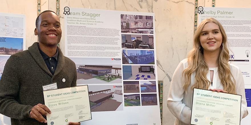 EXP_Global_Inc's tweet photo. #TeamStagger from @LMSAEagles received an Honorable Mention at the BP Student Ideas competition! They proudly accepted the award, surrounded by their peers, educators and @ChicagosMayor. We’re honored to have been a part of their journey! Congratulations! https://t.co/ny4O2pJAem https://t.co/p38SbjB0Dt