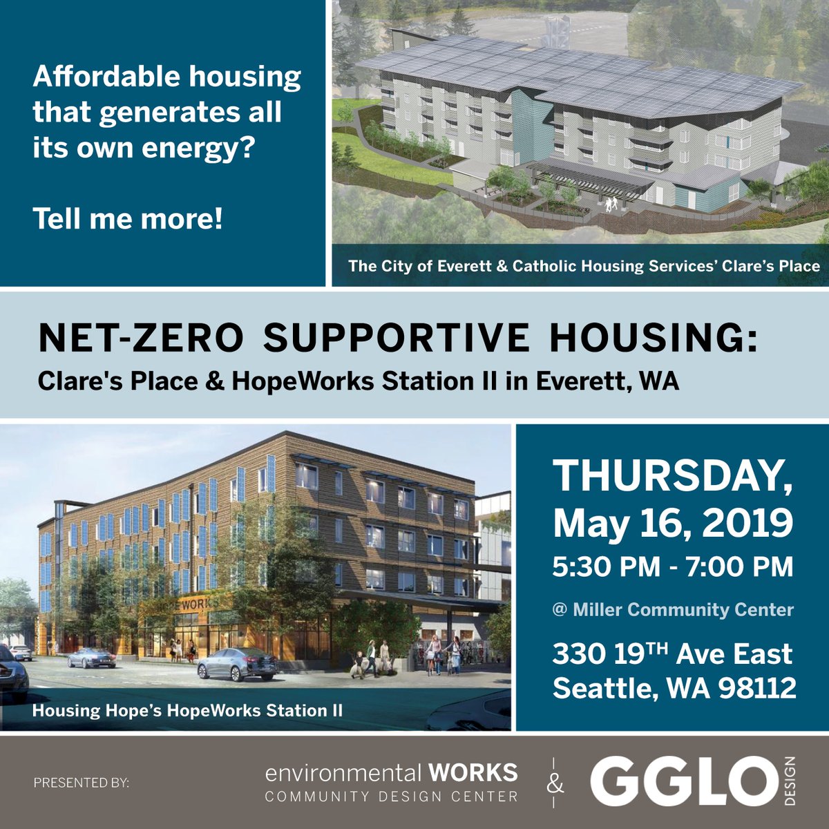 eWORKSseattle's tweet photo. Join us and @gglodesign tomorrow 5:30 pm at Miller CC for an Aff. Hsg Week event on our exciting net-zero projects: Everett's and Catholic Housing Services' Clare's Place, and @housing_hope's HopeWorks Station II. https://t.co/ZB2mqvZyyT #AHW19 #AHW2019 https://t.co/D3Jh400uYU