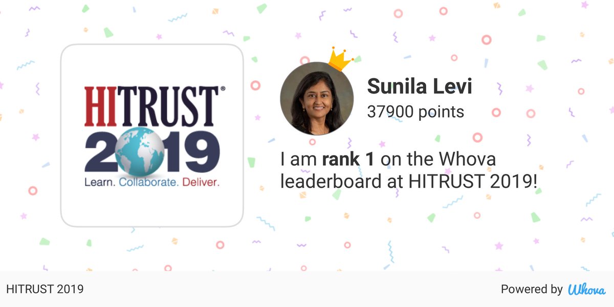 I made it! #1 on the leaderboard at #HT2019,HITRUST2019,HITRUST via Whova event app whova.com/whova-event-ap…