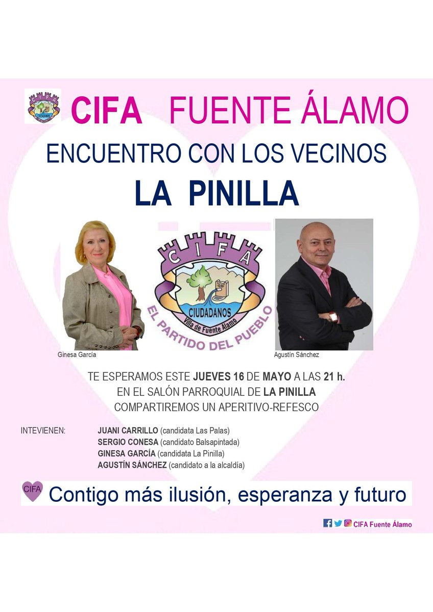 🔊‼️LA MAREA ROSADA DE CIFA FUENTE ALAMO LLEGA A LA PINILLA‼️
▶️ ENCUENTRO CON LOS VECINOS DE LA PINILLA

✅ VAMOS A CREAR UNA LÍNEA DE AUTOBÚS QUE CONECTE LA PEDANÍAS CON FUENTE ÁLAMO