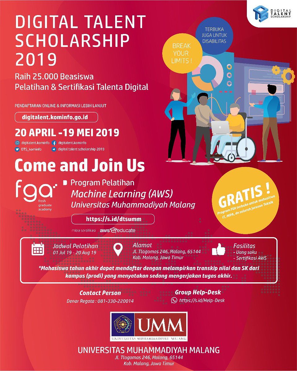 AYO DAFTAR!
Fresh Graduate Academy untuk fresh graduate &amp; mahasiswa tingkat akhir. Pelatihan dengan tema Machine Learning di Universitas Muhammadiyah Malang.

Yuk menjadi bagian dari revolusi industri 4.0 melalui link:
s.id/dtsumm

CP: Denar Regata 081330220014