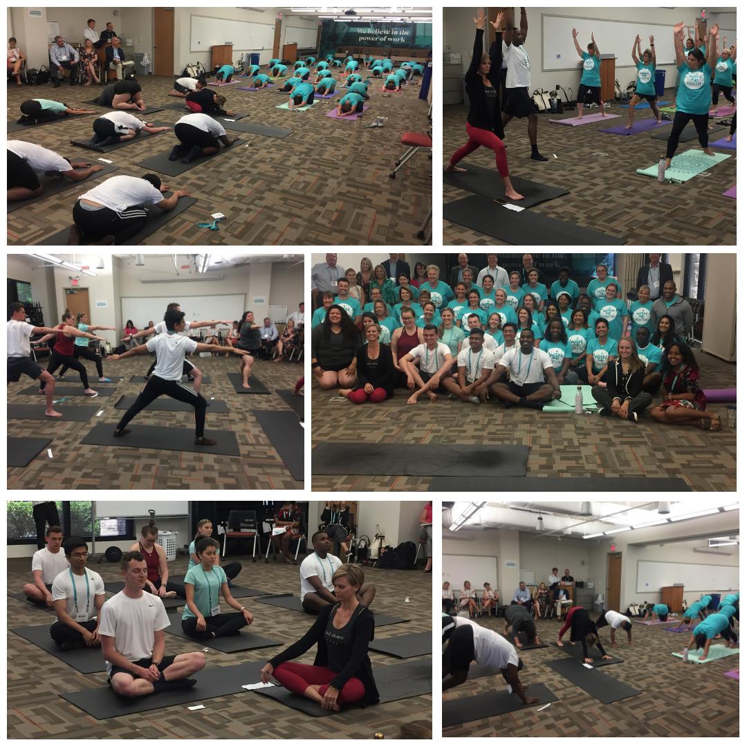 AdeccoUSA's tweet photo. What's better than a #yoga class during the work day? A yoga class lead by our amazing #CEO1M finalists! Many thanks for guiding us through today's session! #win4youth https://t.co/gcJeAvGEJa