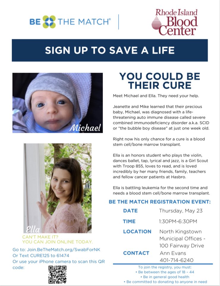 <a href="/NorthKingstown/">NorthKingstown</a> Town Employees along w/ <a href="/RIBloodCenter/">RI Blood Center</a> are holding a @BeTheMatch donor registration drive for 2 residents in need of life saving transplants.  Please spread the word <a href="/NKPD/">North Kingstown PD</a> <a href="/IBPO473/">IBPO Local 473</a> <a href="/NKingstownFire/">North Kingstown Fire</a>