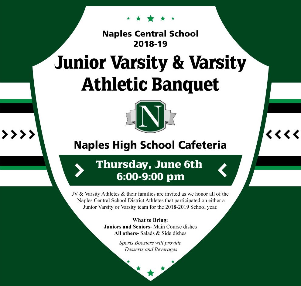 Naples Sports Boosters Naples JV &amp; Varsity Athletic Banquet. Thursday, June 6, 5pm. All 2018-19 Athletes and their parents &amp; families are invited as we honor the NCSD athletes  #NaplesCSD  #NCSD #naplesathletic