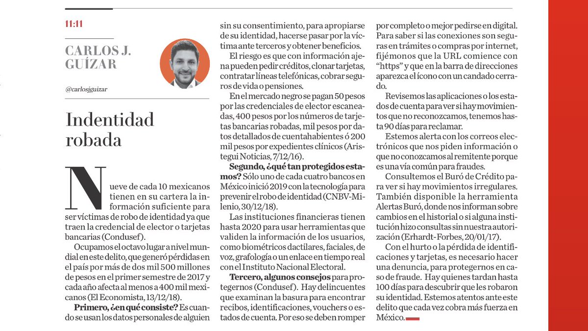 carlosjguizar's tweet image. ⚠️9 de cada 10 mexicanos traen en su cartera la información para ser víctimas de #RoboDeIdentidad 
⚠️ Sólo 1 de cada 4 bancos inició 2019 con la tecnología para prevenirlo.
⚠️Este delito afecta a 400 mil mexicanos al año.
📰👉bit.ly/ID_Rob
#PAW2019 #PrivacyAwarenessWeek