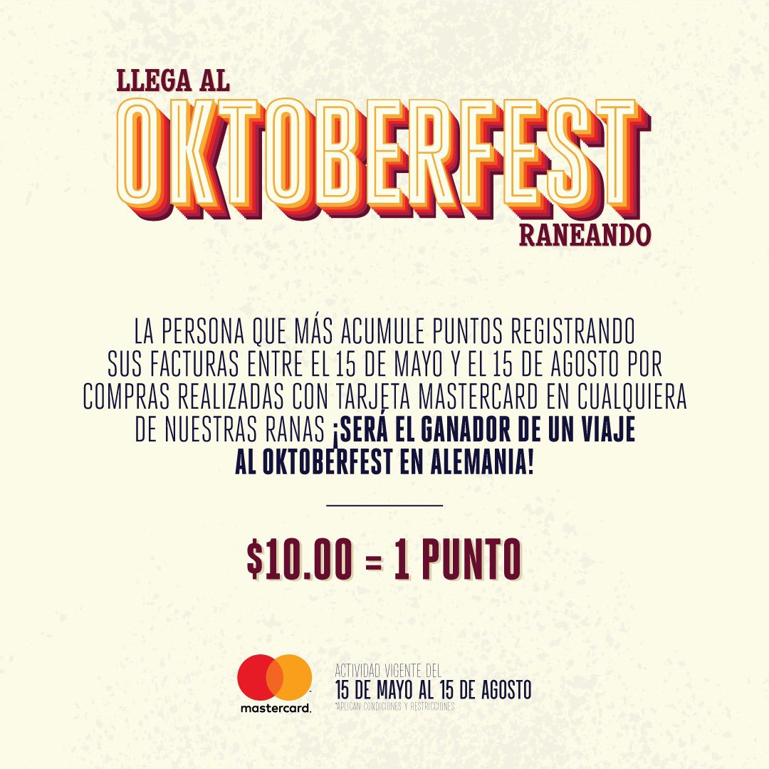 laranadorada's tweet photo. Para los verdaderos amantes de la buena cerveza ha llegado su concurso!!!🍺💥 Por cada consumo en Las Ranas con MasterCard acumularás puntos para ganarte un viaje a Alemania al gran Oktoberfest 🚀 Registra tus facturas y llega al Oktoberfest #Raneando.
.
#oktoberfest #beerpub https://t.co/8HHYi7LMUl