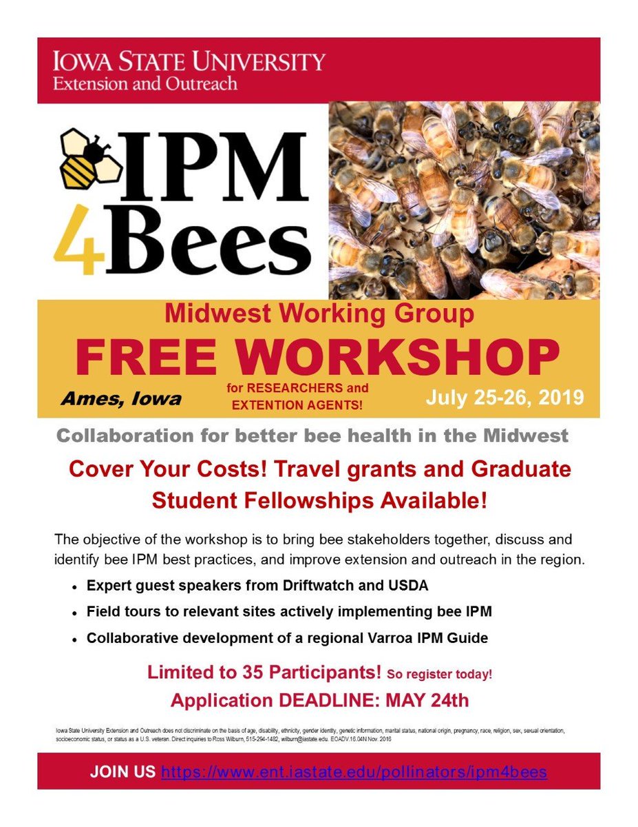 DrAshleyStClair's tweet photo. Want to learn more about how #agricultural and #apicultural #IPM impact #honeybee and #nativebee health in the #Midwest? Register for the Midwest Working Group #IPM4Bees.
Research and travel grants available, deadline May 24th. #honeybeeresearch #bees
https://t.co/c3bDUWmMAD https://t.co/kx88LJRKOV