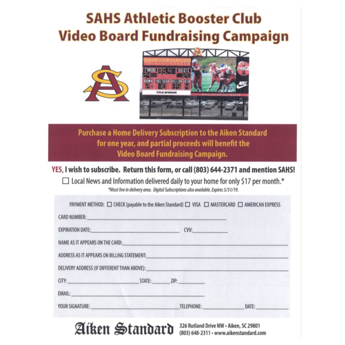 TBredFootball's tweet photo. WE NEED YOUR HELP! The Athletic Booster Club is pairing up with Aiken Standard to kick off fundraising for the video board that will be placed in our stadium. All you have to do is purchase a subscription-new or renew your current subscription and mention South Aiken! https://t.co/RSYDXRn3Ne