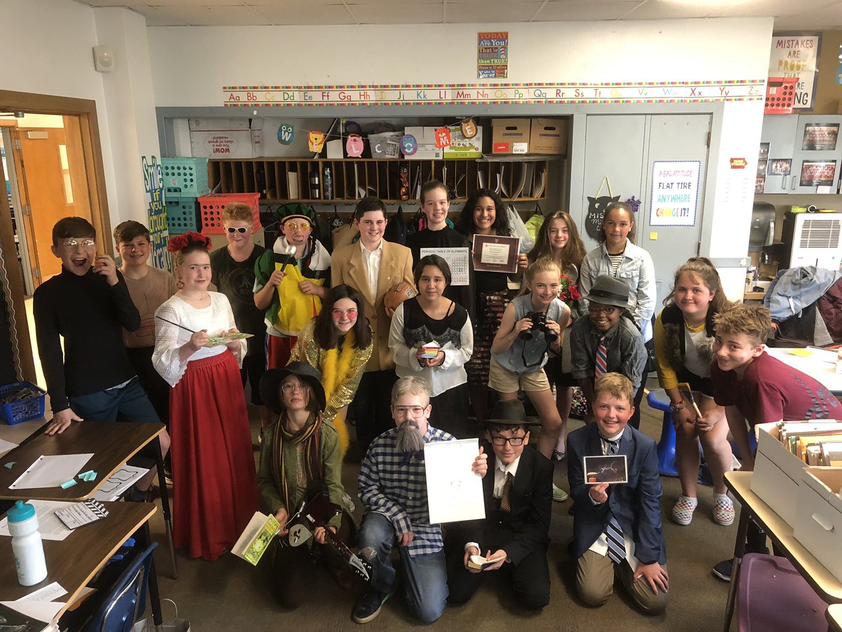 msmiller13a's tweet photo. My 6th graders had such a fun time getting into character for our Wax Museum! They all did wonderful! #belinder #smsd512 https://t.co/4bPhAj2ccL