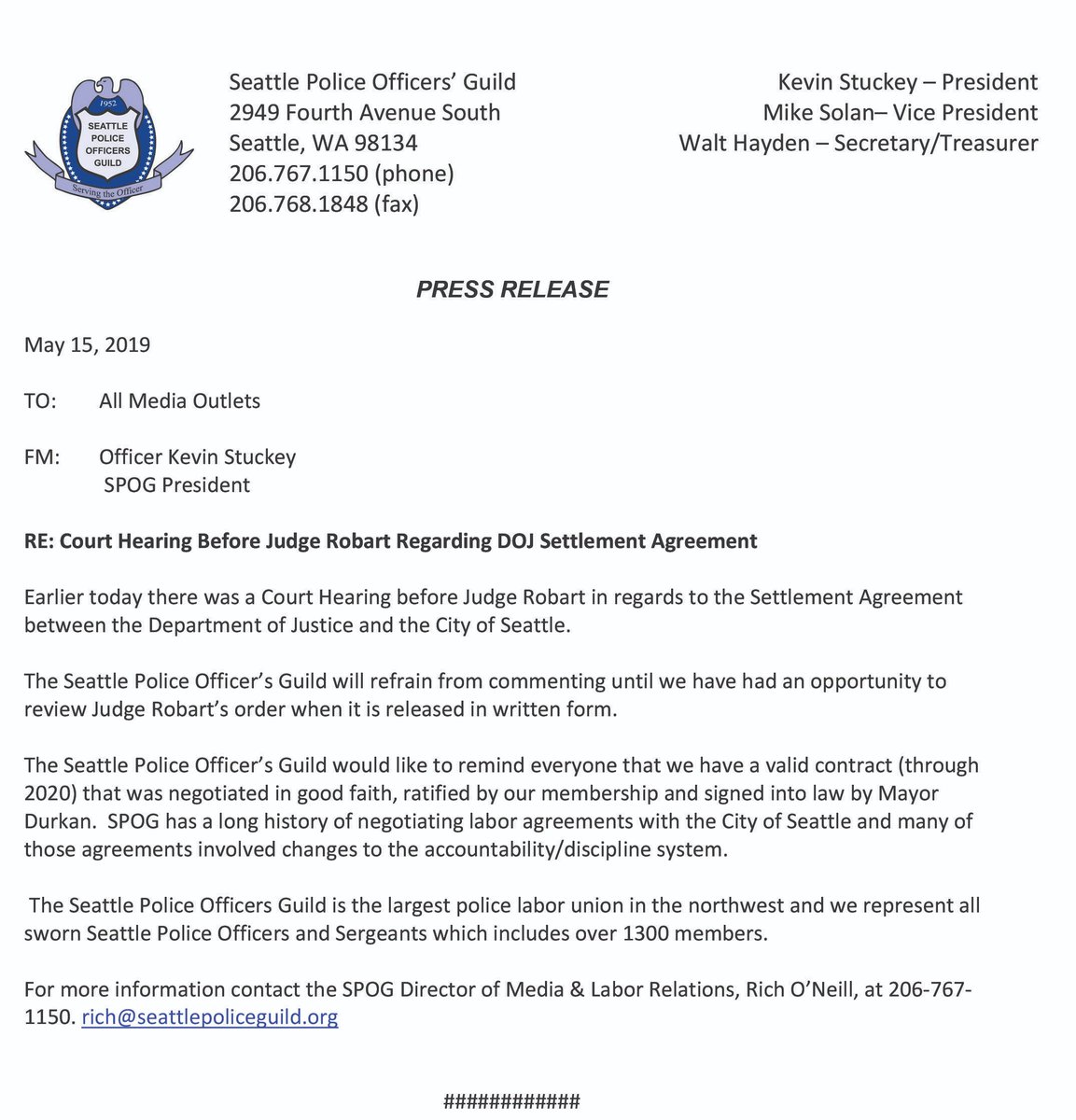 SPOG Press Release on Court Hearing Before Judge Robart