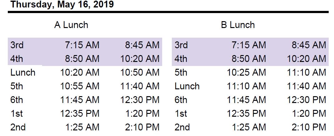 MillenniumHigh's tweet photo. Here is the Thursday schedule.  Seniors-make sure you get your Chromebook turned in and complete your check-out process. https://t.co/d6lwzmszl9