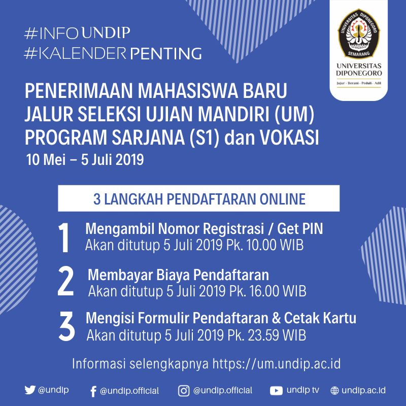 undip's tweet photo. #infoUndip #KalenderPenting Jadwal Penerimaan Mahasiswa Baru Universitas Diponegoro jalur Ujian Mandiri (UM) untuk Pasca Sarjana - Profesi (Gelombang 2) , International Undergraduate Program (IUP), Sarjana (S1) dan Vokasi. https://t.co/nmRSaGeDdW