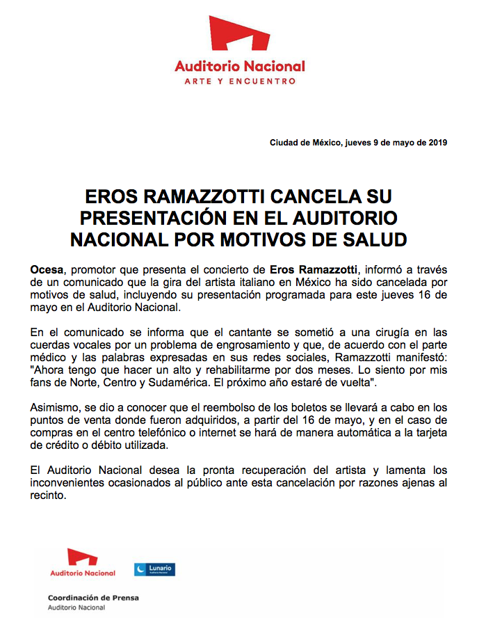 AuditorioMx's tweet photo. Estimado público, les recordamos que el concierto de Eros Ramazzotti, programado para mañana, 16 de mayo, fue cancelado. Aquí la información sobre los reembolsos. https://t.co/CdnKqDAAo5