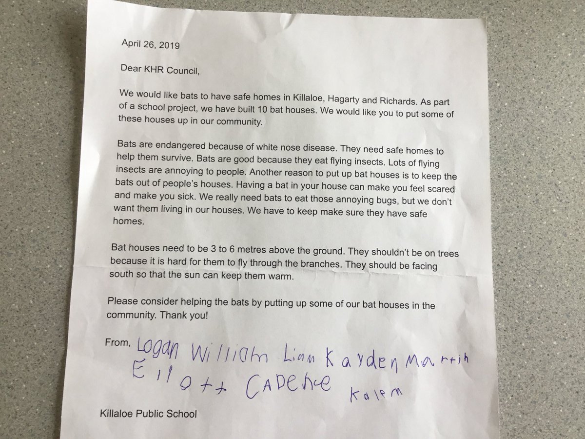 These students from <a href="/Killaloeps/">KillaloePS</a> presented the bat houses they made to the KHR council. Council has agreed to put 7 of them up in our community! @RCDSB #citizenship #NPDL