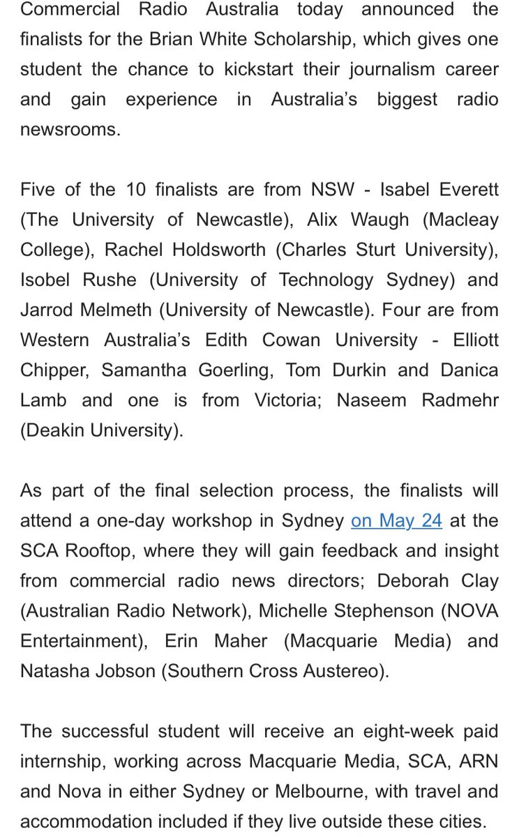 The finalists for the Brian White Scholarship have just been announced by @ComRadioAU. Good luck.