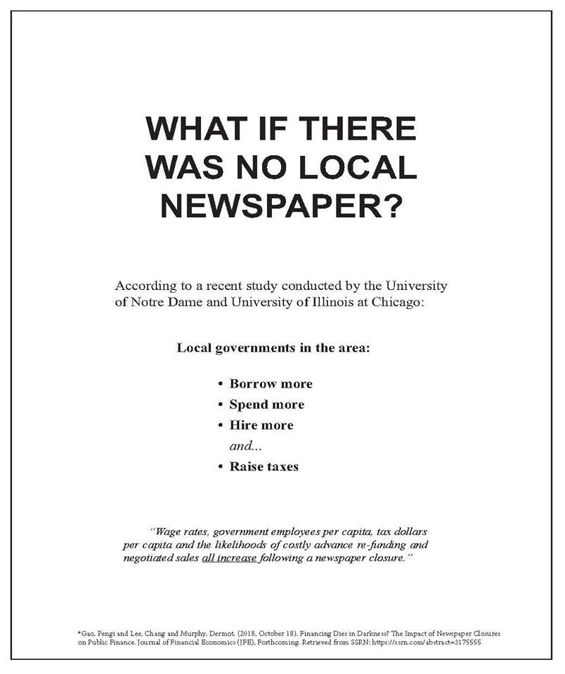With no watchdogs keeping an eye on local government, wasteful spending increases. Want to reduce the potential for waste, fraud and abuse in your city hall and county boardroom? Subscribe to a newspaper. #readlocal #savelocalnews (Image credit: @wyopress)
